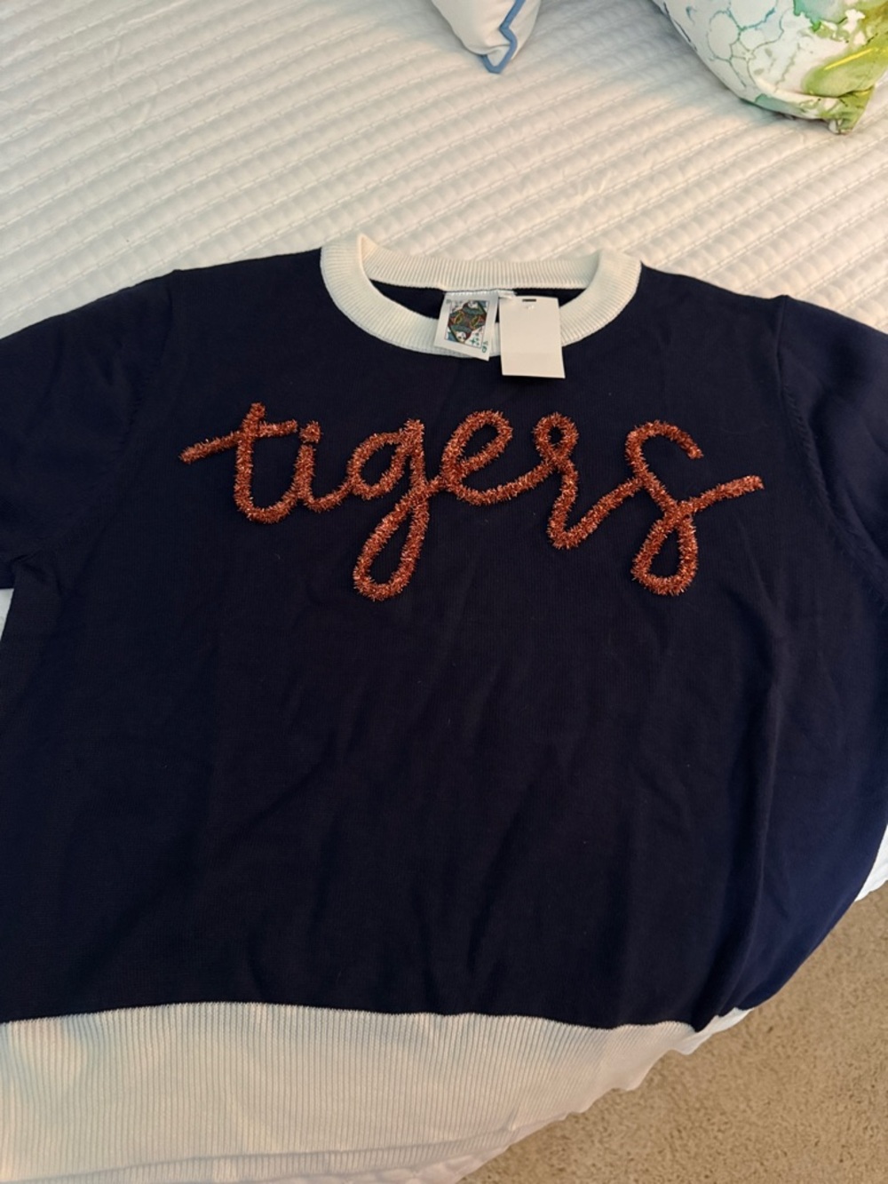 Queen of Sparkles - “Tigers” S/S Sweater NWT Navy with White Trim Sparkle Letter